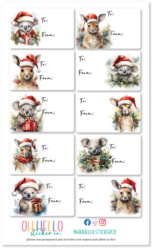 Christmas Gift Labels - 10 Labels - Festive Australian Animals